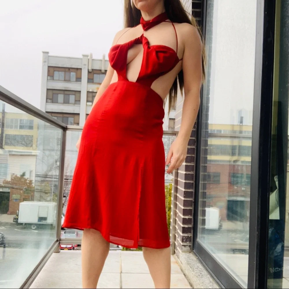 Reformation Neck Chocker Strappy Cherry MIDI Dress